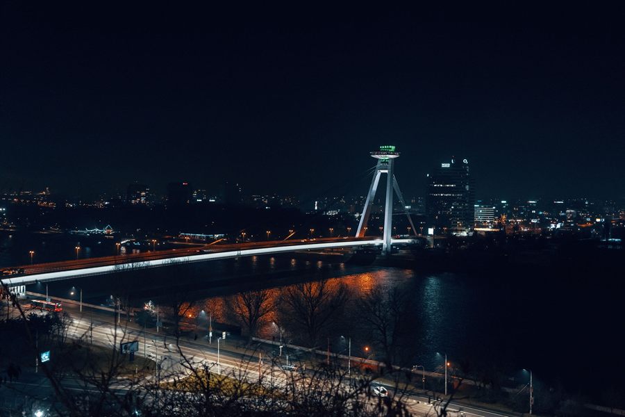 Danube riverfront at night in Bratislava
